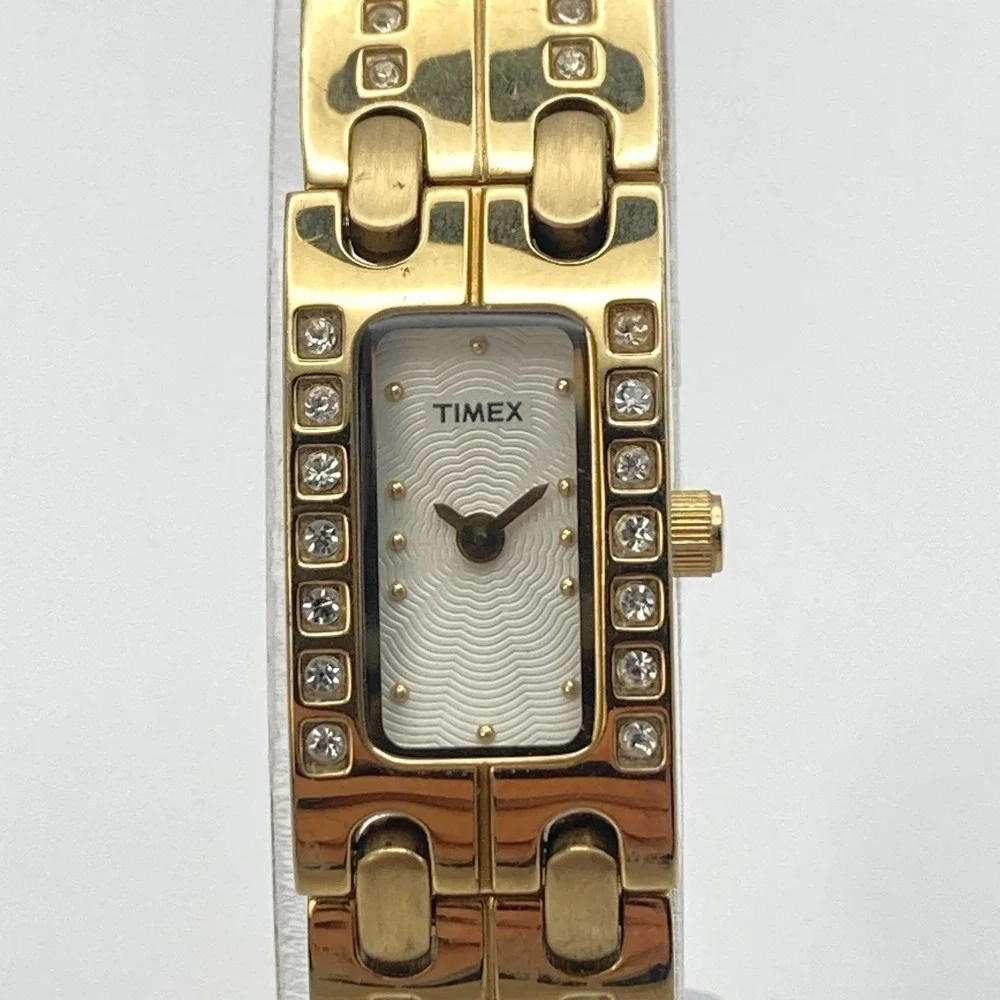 Timex Women's Tank Watch 17mm Gold Tone Crystals Petite New Battery 6.25